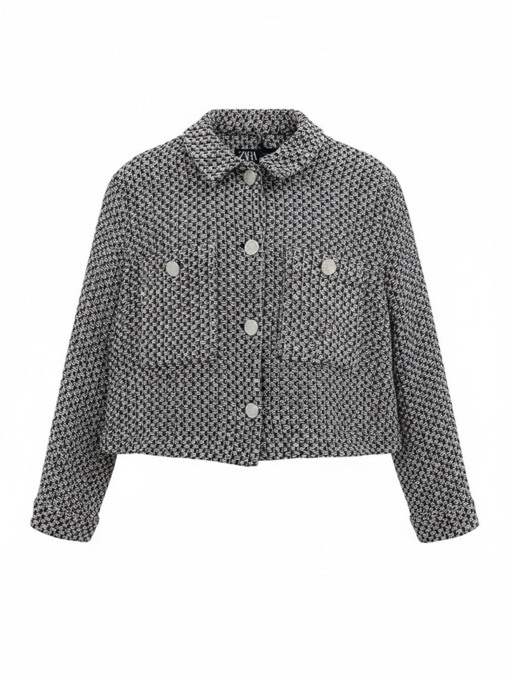 Zara Black & White Cropped Textured Tweed Blazer/Jacket Size Large